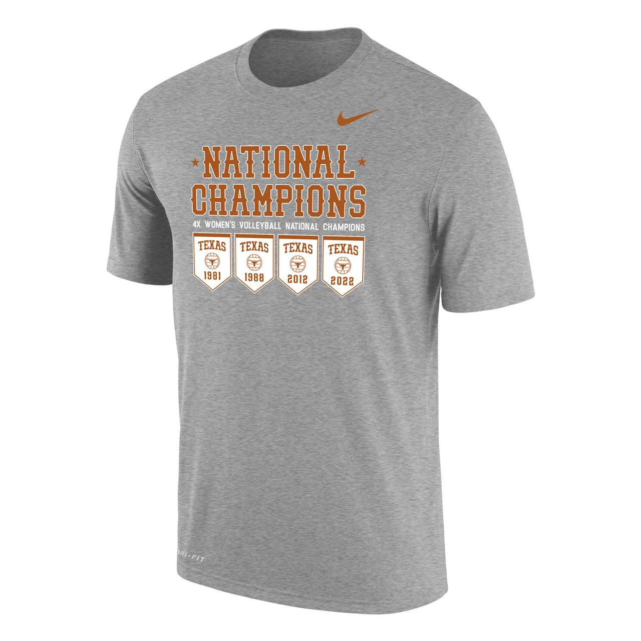 Nike Unisex Volleyball University Of Texas 4-Time Champions Dri-Fit Cotton Short Sleeve Tee - Dark Heather Grey 1 Nike Unisex Volleyball University Of Texas 4-Time Champions Dri-Fit Cotton Short Sleeve Tee - Dark Heather Grey