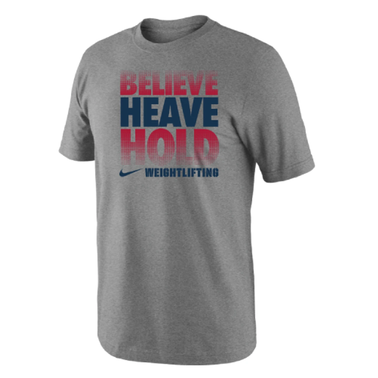 Nike Men's Weightlifting Believe Heave Hold Grey Tee - Grey/Red/Blue Fade 1 Nike Men's Weightlifting Believe Heave Hold Grey Tee - Grey/Red/Blue Fade