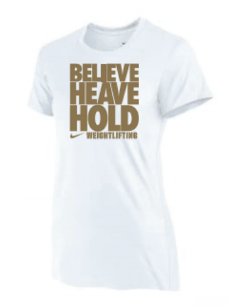 Nike Women's Weightlifting Believe Heave Hold Tee - Gold/White 1 Nike Women's Weightlifting Believe Heave Hold Tee - Gold/White