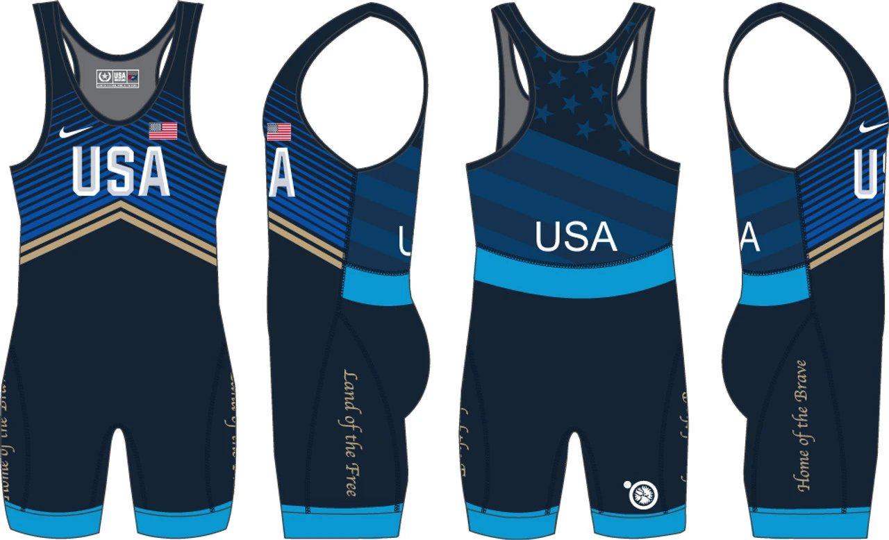 Nike Women's USA Wrestling Double Chevron Tour Wrestling Singlet - Blue 1 Nike Women's USA Wrestling Double Chevron Tour Wrestling Singlet - Blue